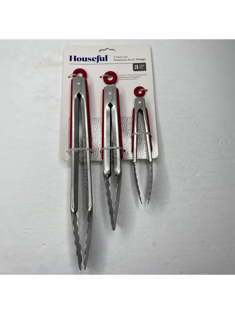 Houseful 3-Piece Stainless Steel Locking Tongs Set Red Various Sizes